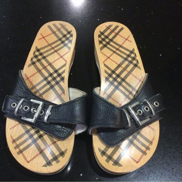 BURBERRY Black Leather Silver Buckle Wood Flip Flop Slide Sandal - Picture 1 of 6